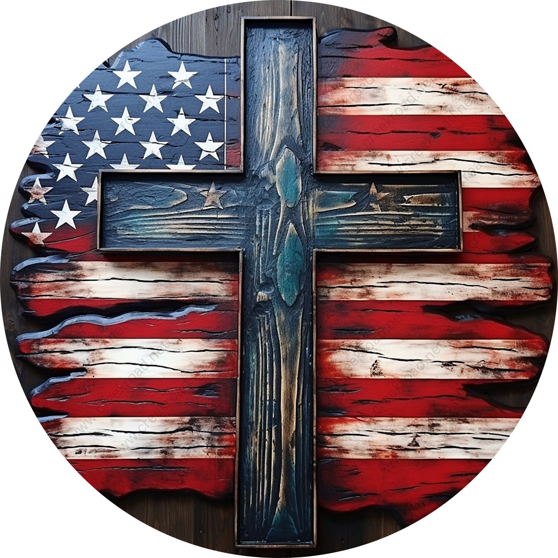 Rustic Wood American Flag Cross Wreath Sign-Round-Sublimation-Aluminum-Attachment-Decor