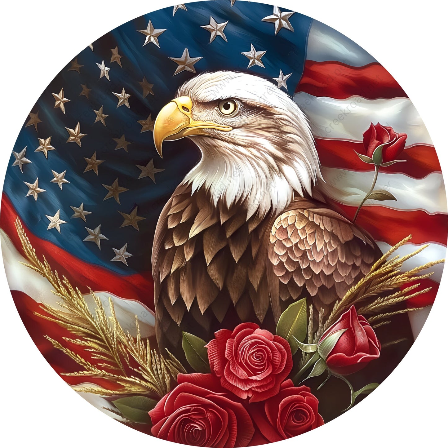 American Bald Eagle Flag Red Roses Wreath Sign-Round-Sublimation-Aluminum-Attachment-Decor