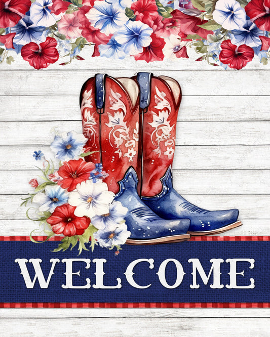 Welcome Cowboy Boots Flowers Wreath Sign-8"x10" Rectangle-Sublimation-Aluminum-Attachment-Decor