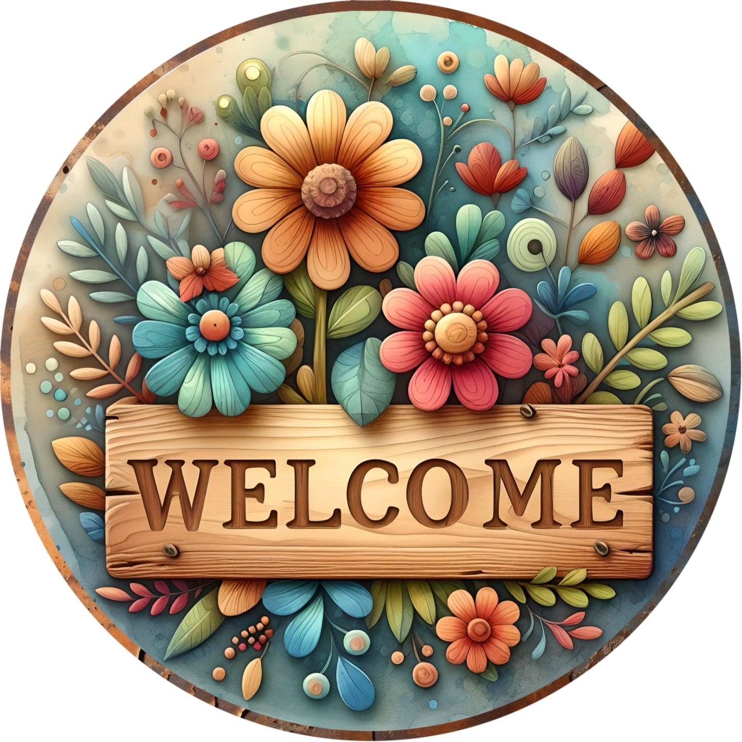 Welcome Spring Colorful Flowers Wreath Sign-Sublimation-Attachment-Decor