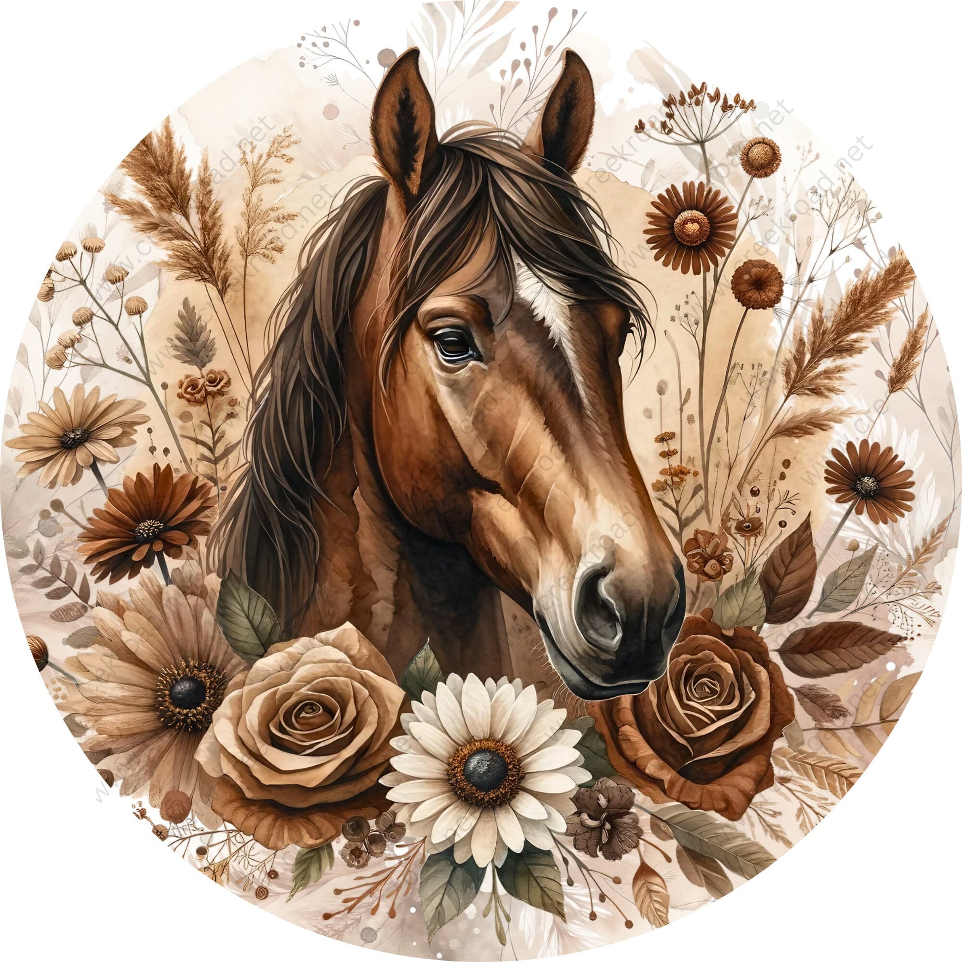 Brown Boho Horse Wreath Sign-Round-Farm-Western-Everyday-Spring-Sublimation-Attachment-Decor