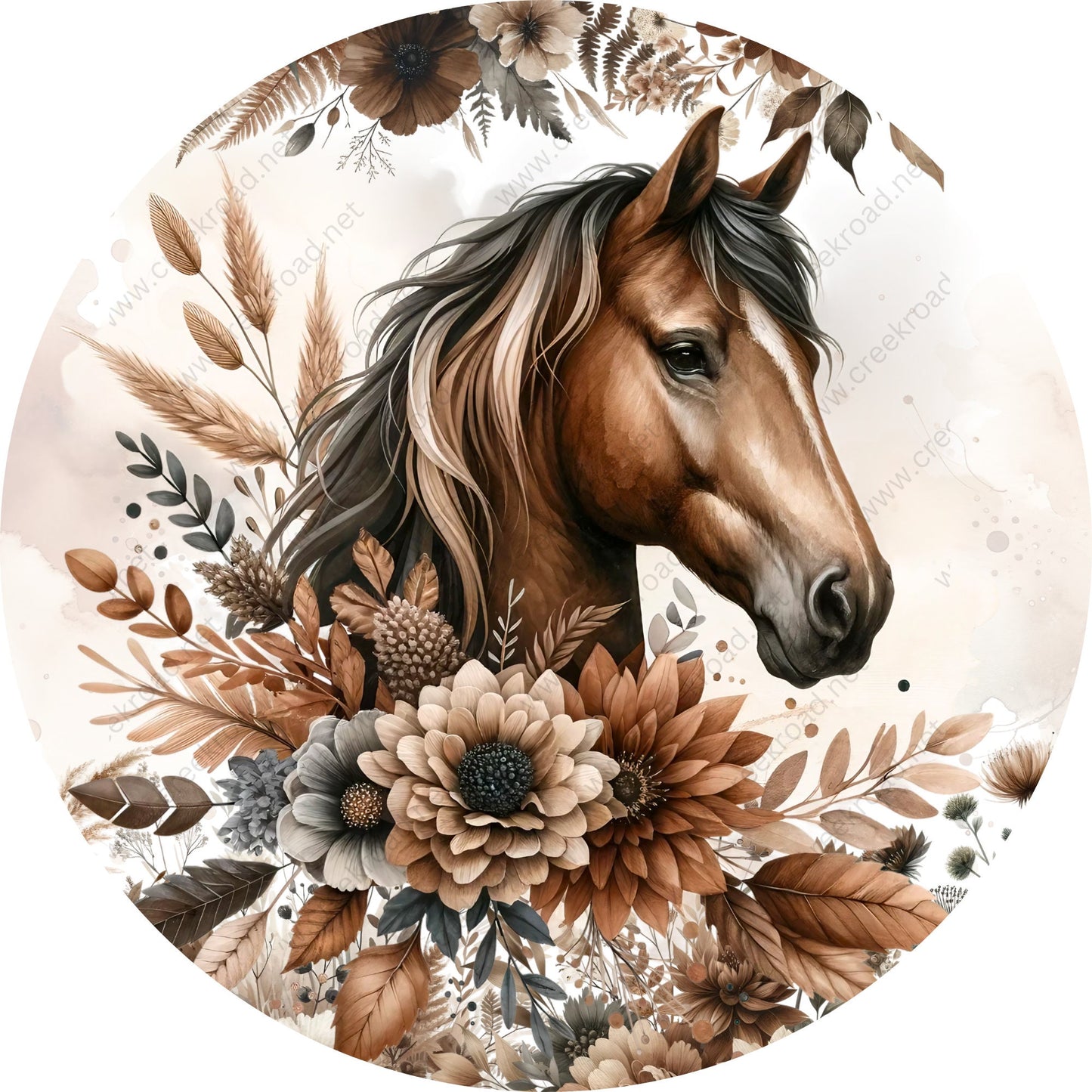 Brown Boho Horse Wreath Sign-Round-Farm-Western-Spring-Sublimation-Attachment-Decor