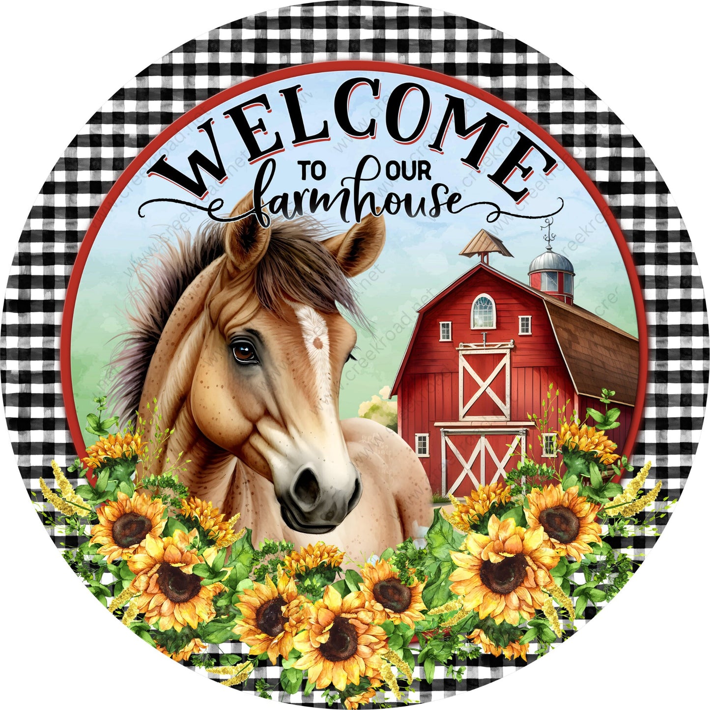 Welcome To Our Farmhouse Horse Sunflowers Wreath Sign-Round-Farm-Western-Sublimation-Attachment-Decor