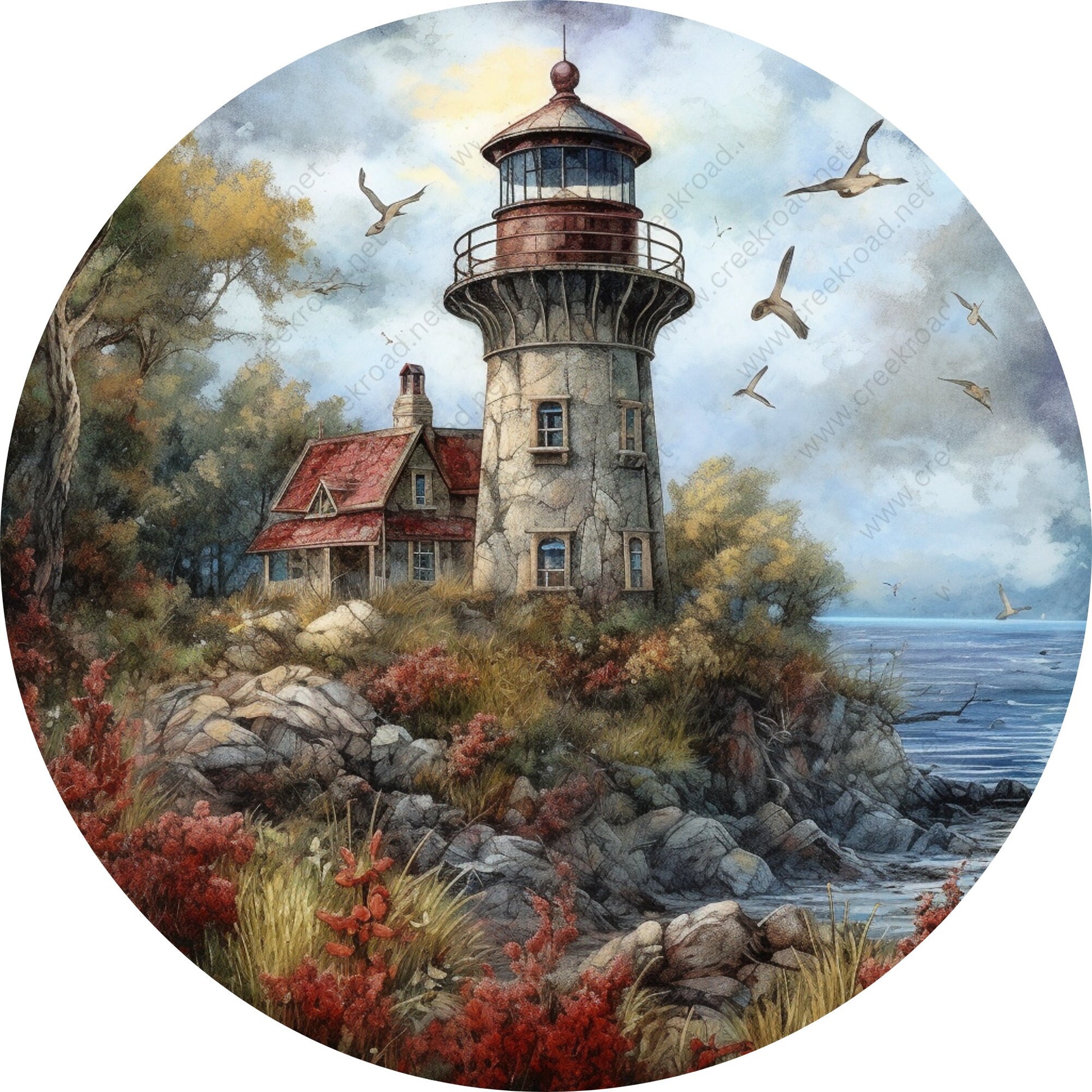 Vintage Lighthouse with Seagulls Wreath Sign-Round-Coastal-Sublimation-Attachment-Decor