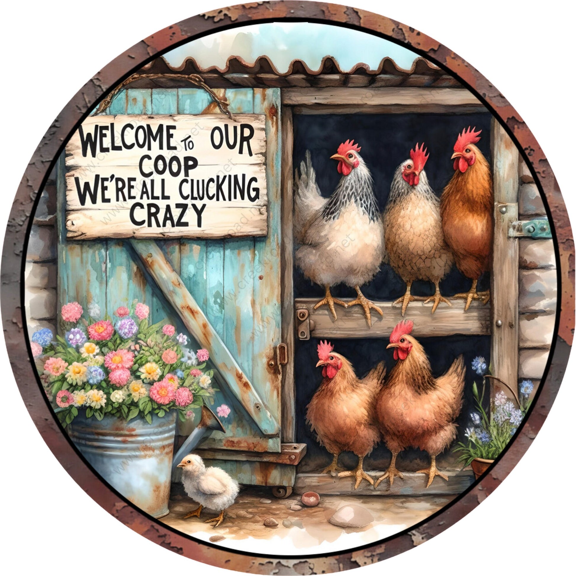 Welcome To Our Coop We're All Clucking Crazy Wreath Sign-Round-Farm-Western-Spring-Sublimation-Attachment-Decor