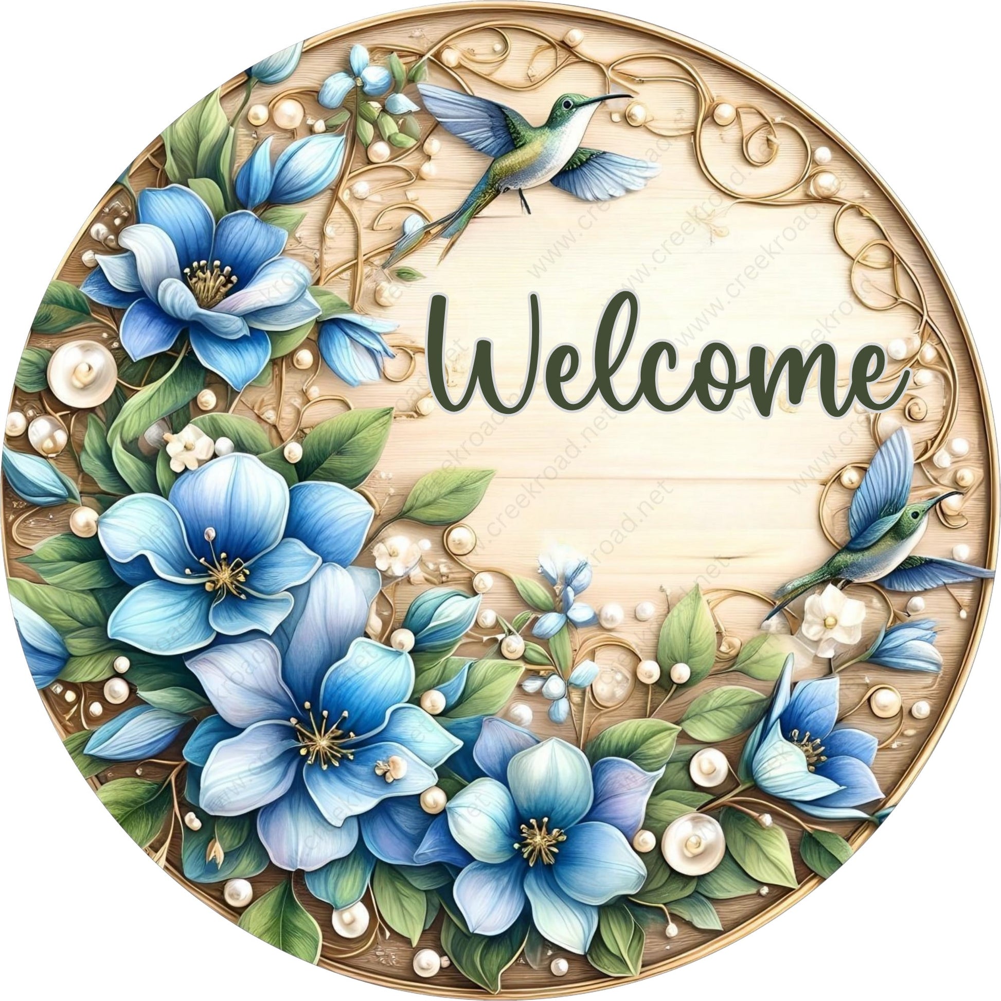 Welcome Blue Flower Spring Summer Wreath Sign-Round-Sublimation-Decor-attachment