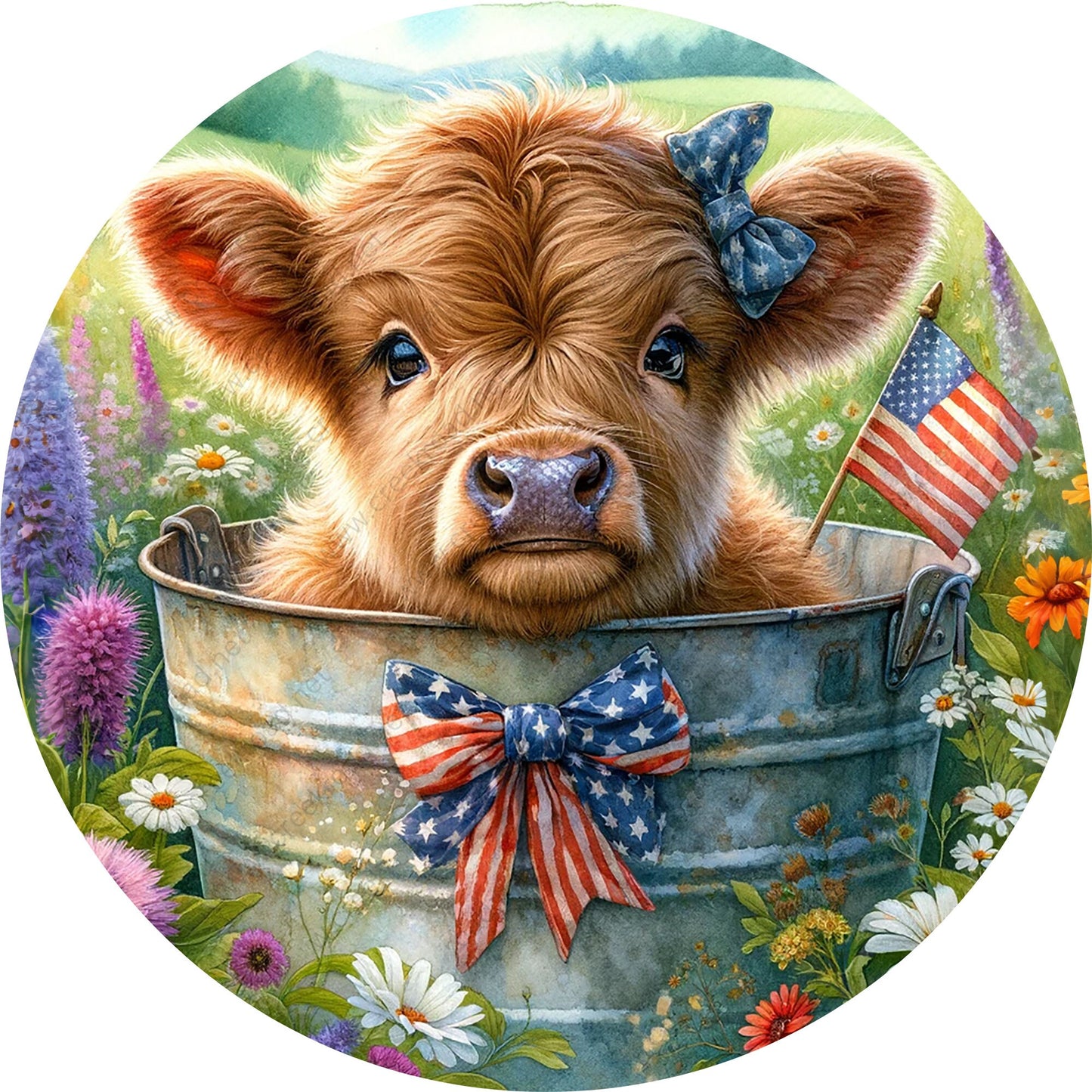 Patriotic Baby Highland in Washtub with Flag Bow Wreath Sign-Round-Farm-Western-Sublimation-Attachment-Decor