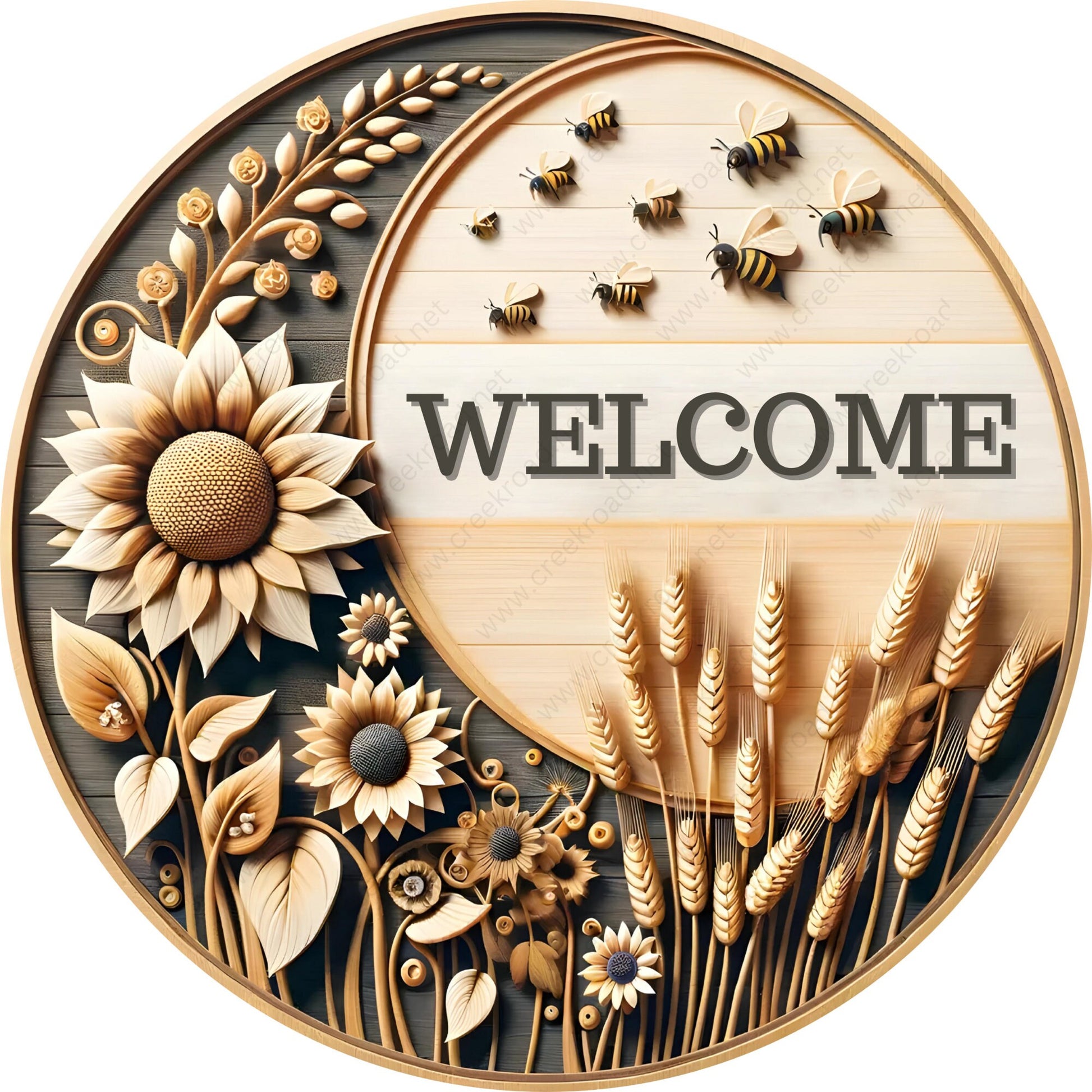 Spring Welcome Bees Sunflowers Boho Wreath Sign-Round-Spring-Summer-Sublimation-Attachment-Decor