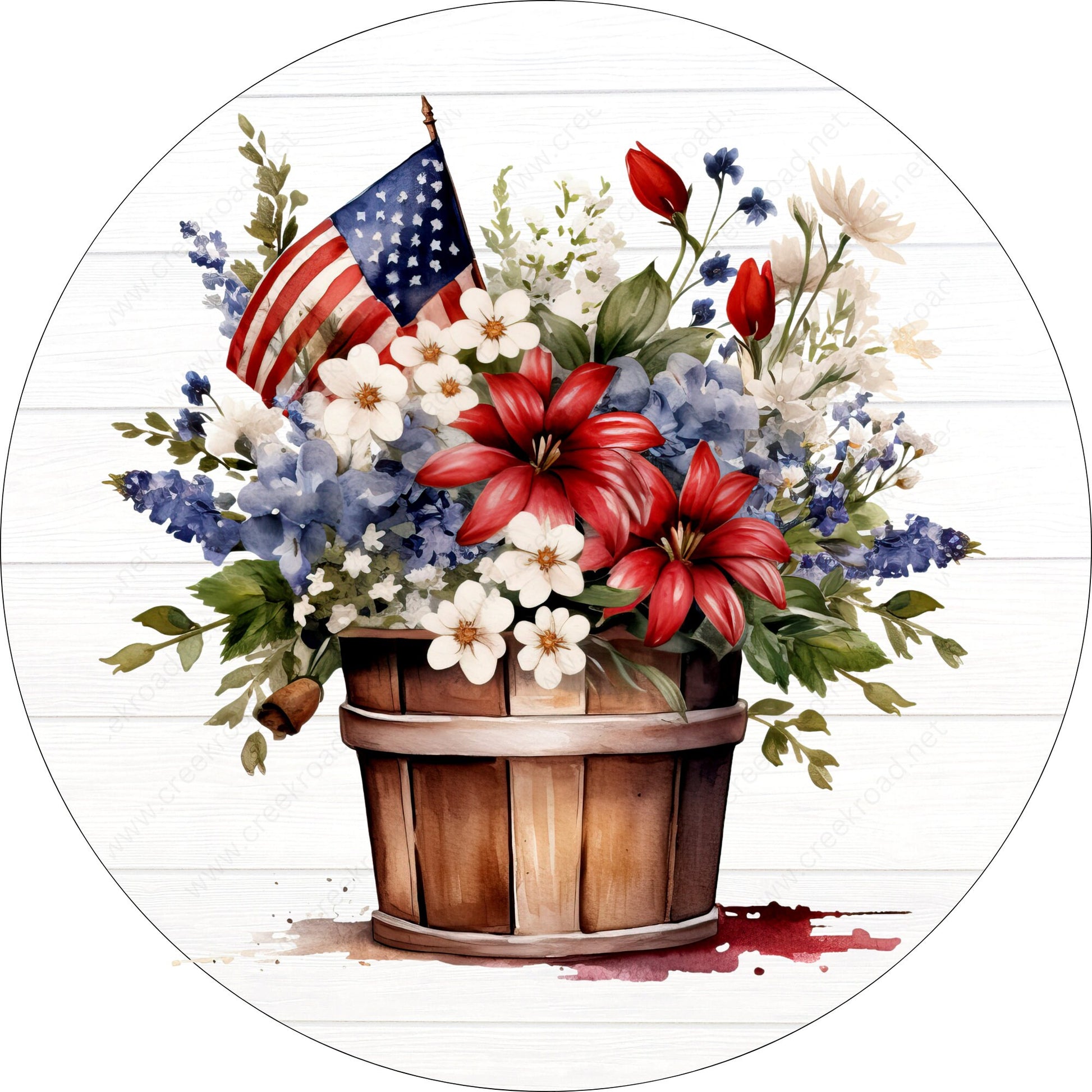 Patriotic Flower Bucket American Flag on Shiplap Background Wreath Sign-Round-Sublimation-Aluminum-Attachment-Decor