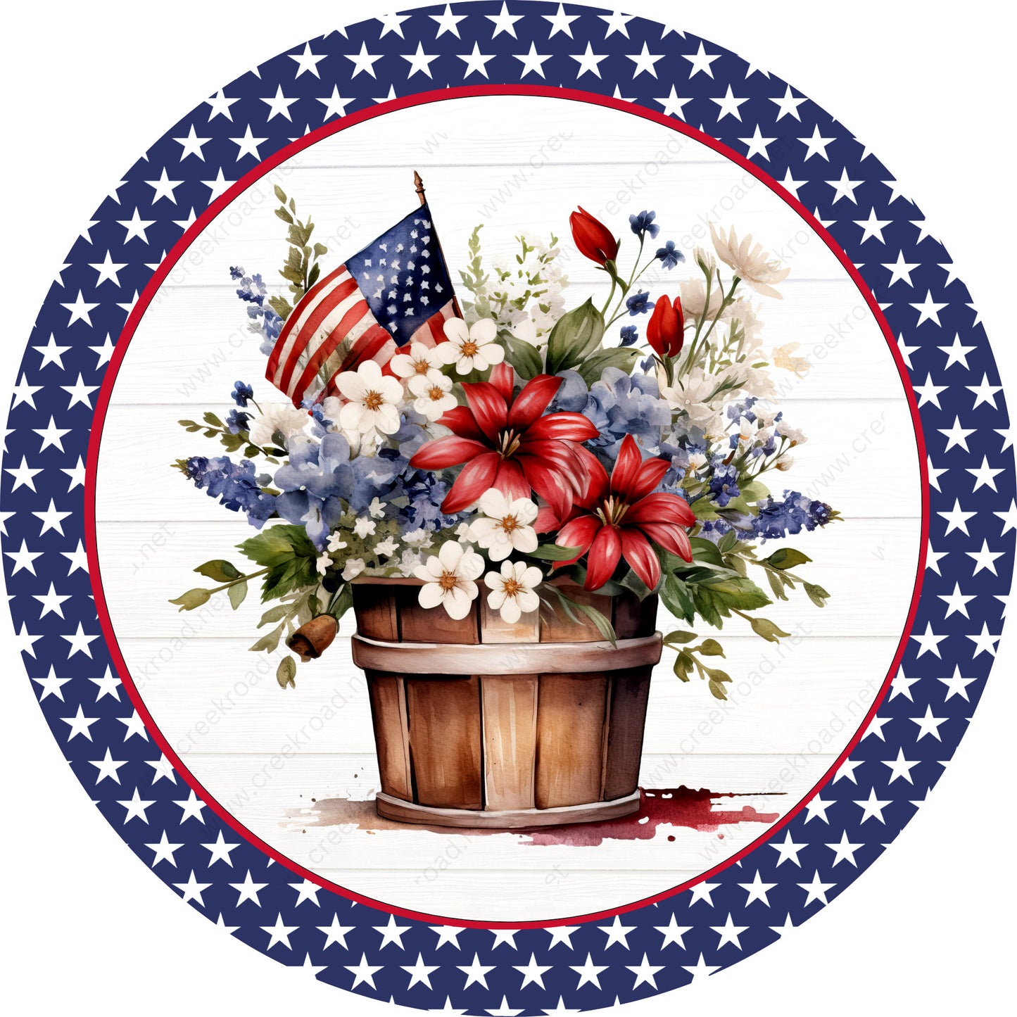 Patriotic Flower Bucket American Flag on Shiplap Background Star Border Wreath Sign-Round-Sublimation-Aluminum-Attachment-Decor