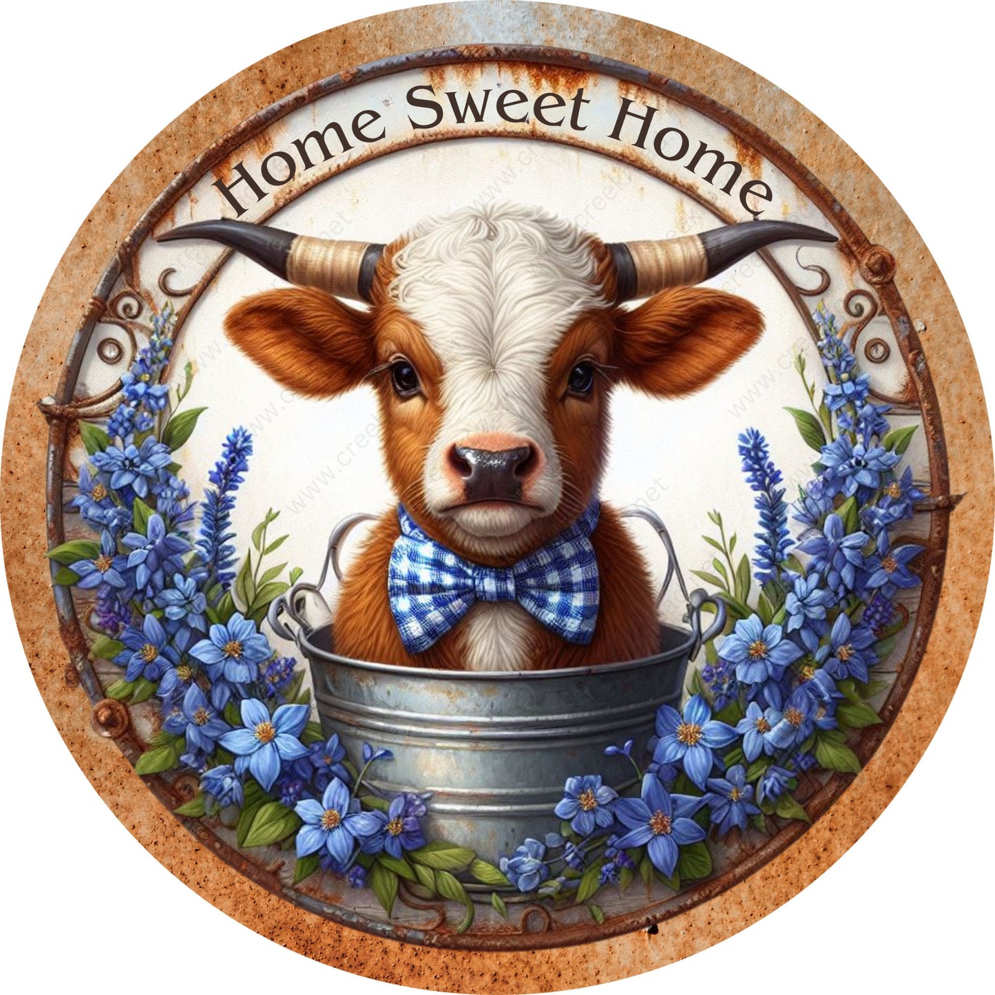 Home Sweet Home Brown Cow Texas Flag Bluebonnet Wreath Sign-Round-Farm-Western-Sublimation-Attachment-