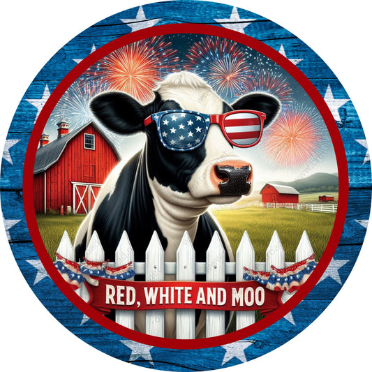 Red, White and Moo Patriotic Black White Cow Wreath Sign-Round-Sublimation-Aluminum-Attachment-Decor