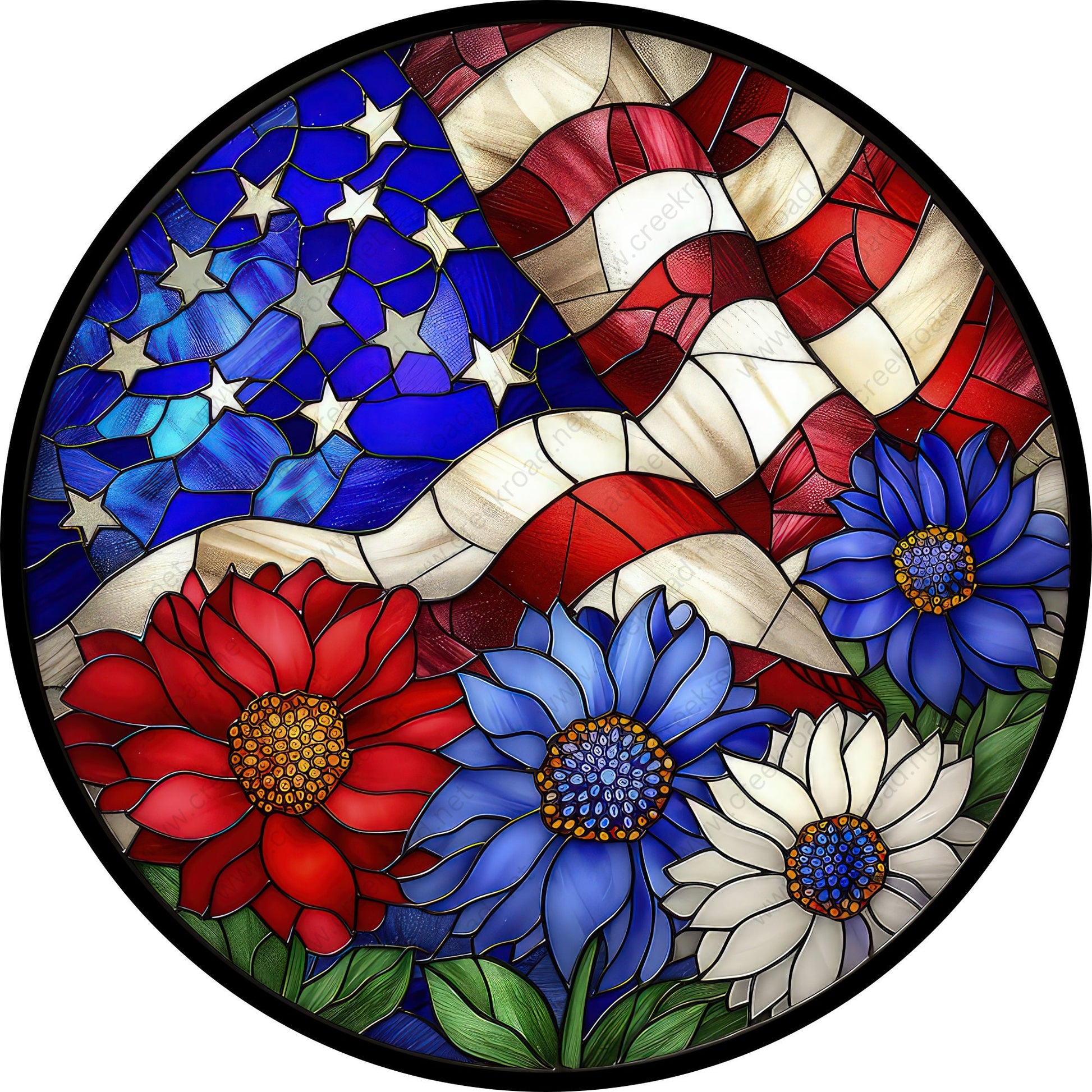 American Flag Red White Blue Flower Wreath Sign-Round-Sublimation-Aluminum-Attachment-Decor-Not Real Stained Glass or Window Cling