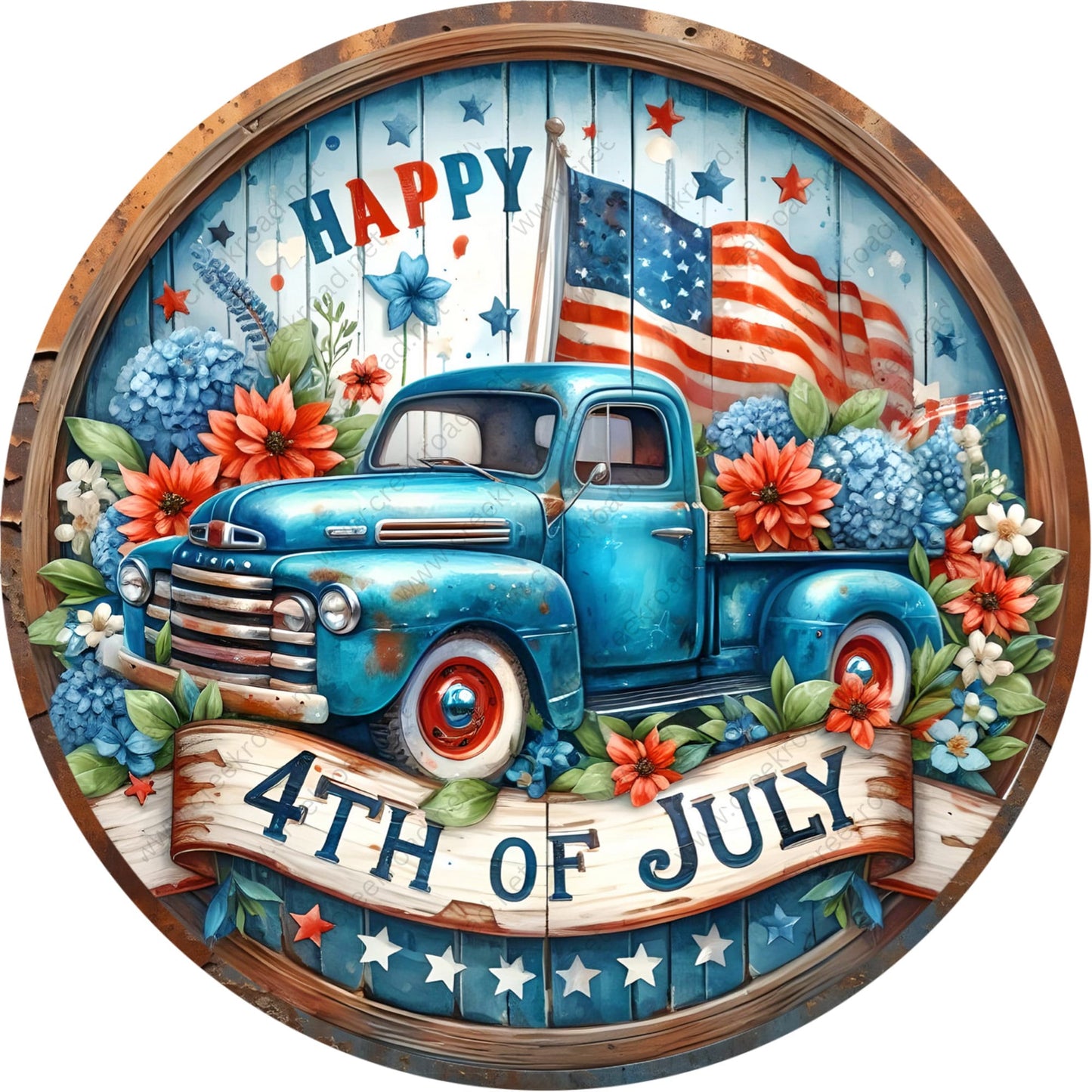 Happy 4th of July Antique Blue Truck Flowers Wreath Sign-Round-Sublimation-Aluminum-Attachment-Decor