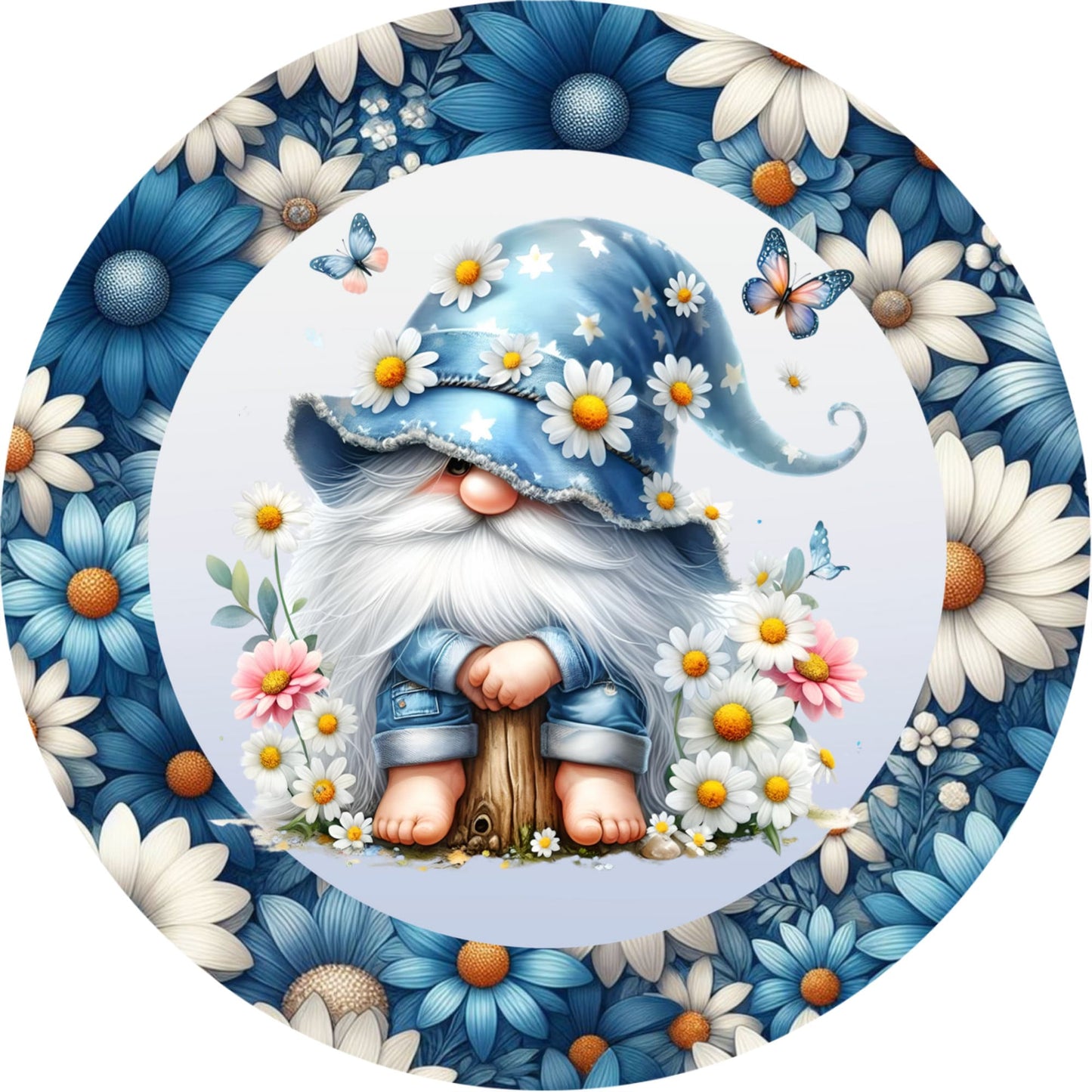 Blue Gnome with Daisies Wreath Sign-Sublimation-Attachment-Decor