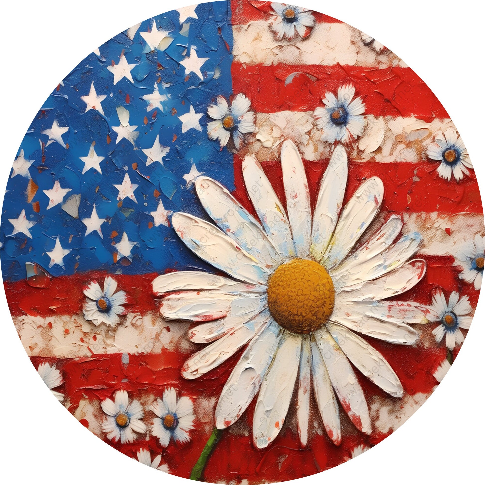 Painted Daisy American Flag Image Wreath Sign-Round-Sublimation-Aluminum-Attachment-Decor