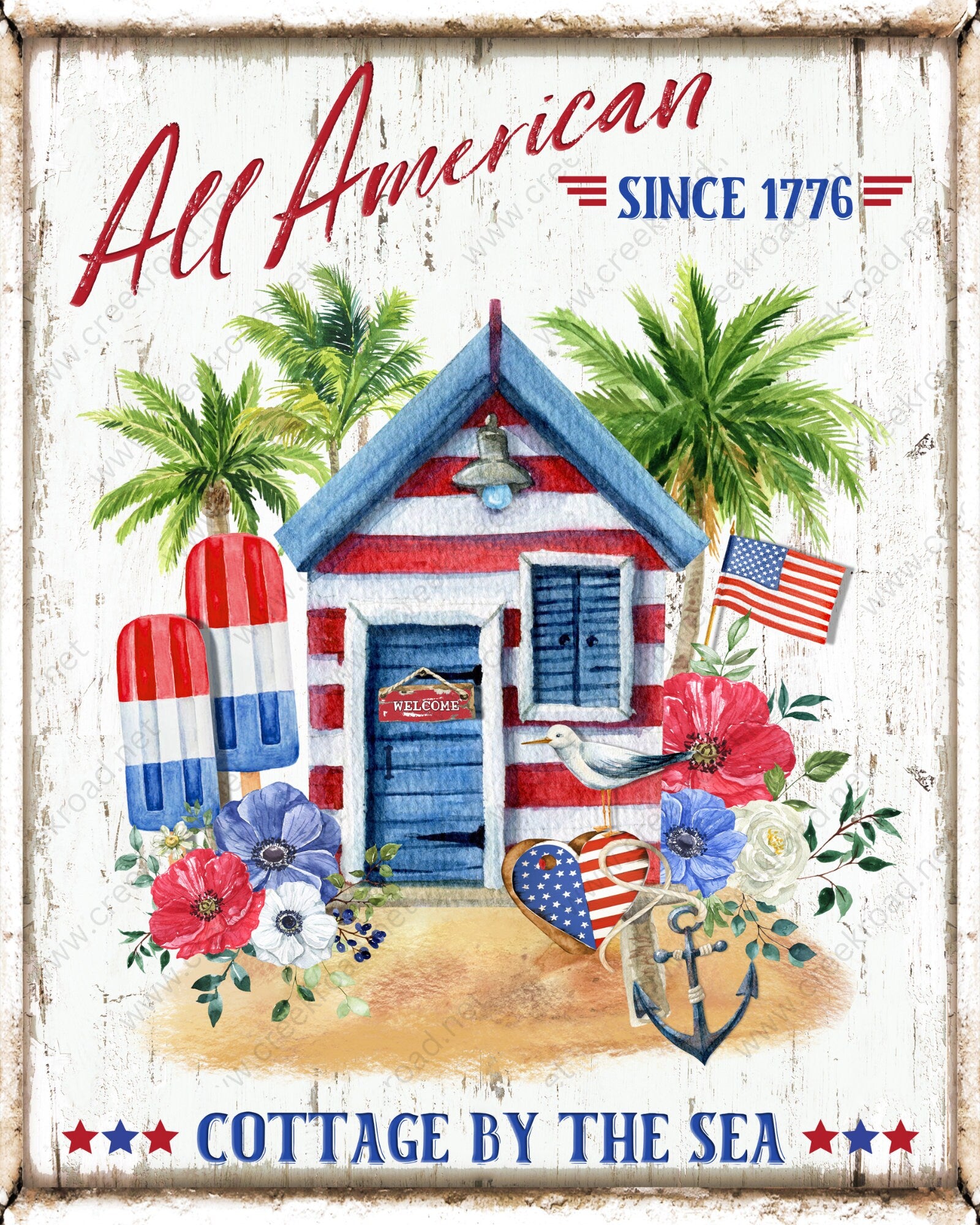 All American Cottage By The Sea Wreath Sign 8" x 10" Rectangle-Sublimation-Aluminum-Attachment-Decor