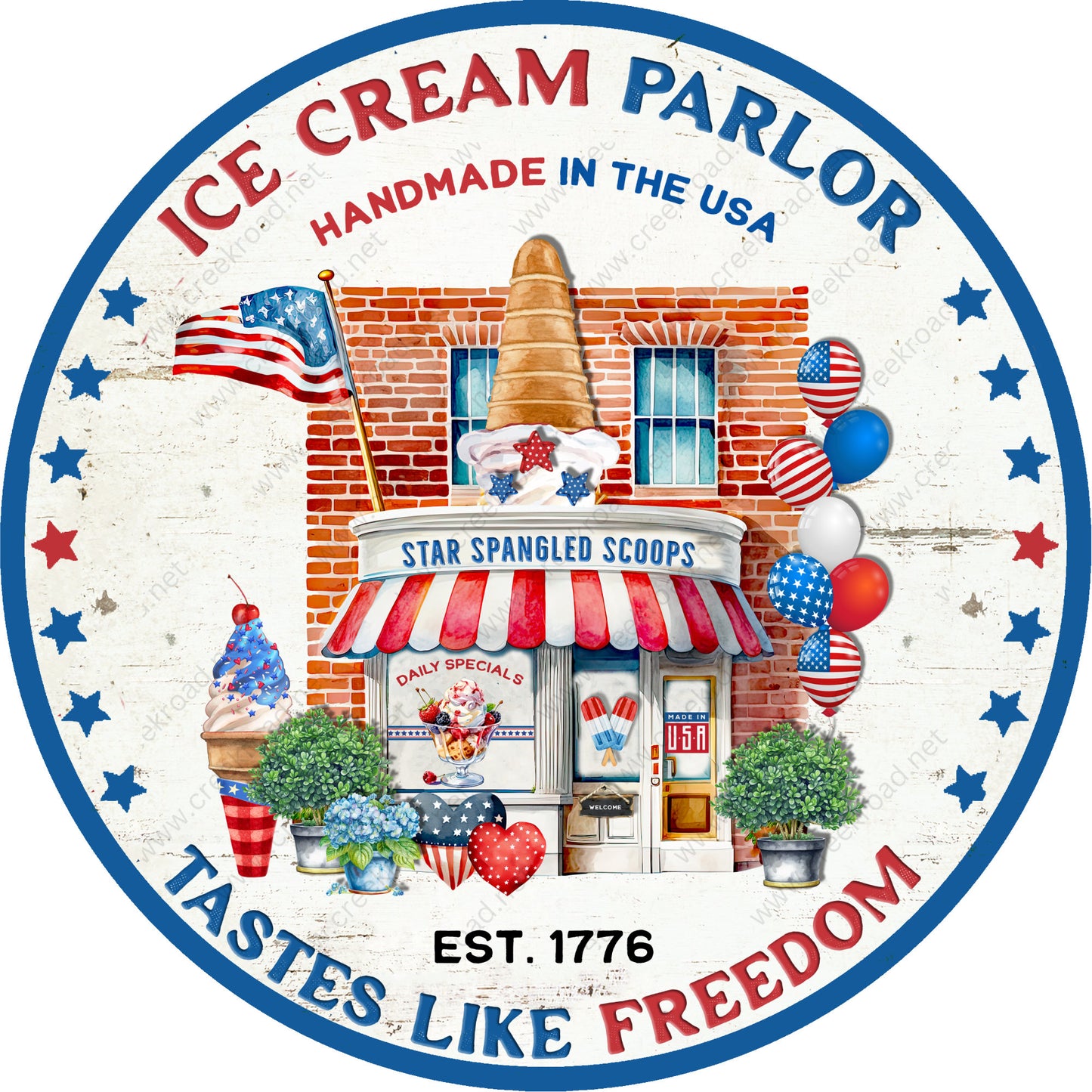 Ice Cream Parlor Tastes Like Freedom Vintage Wreath Sign-Round-Sublimation-Aluminum-Attachment-Decor