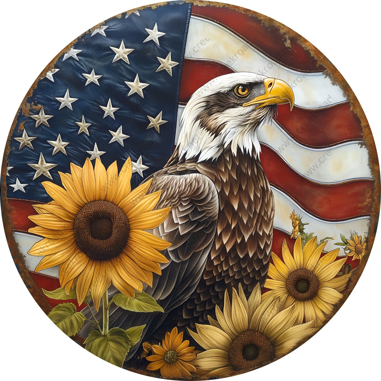 American Eagle Sunflowers with Flag Wreath Sign-Round-Sublimation-Aluminum-Attachment-Decor