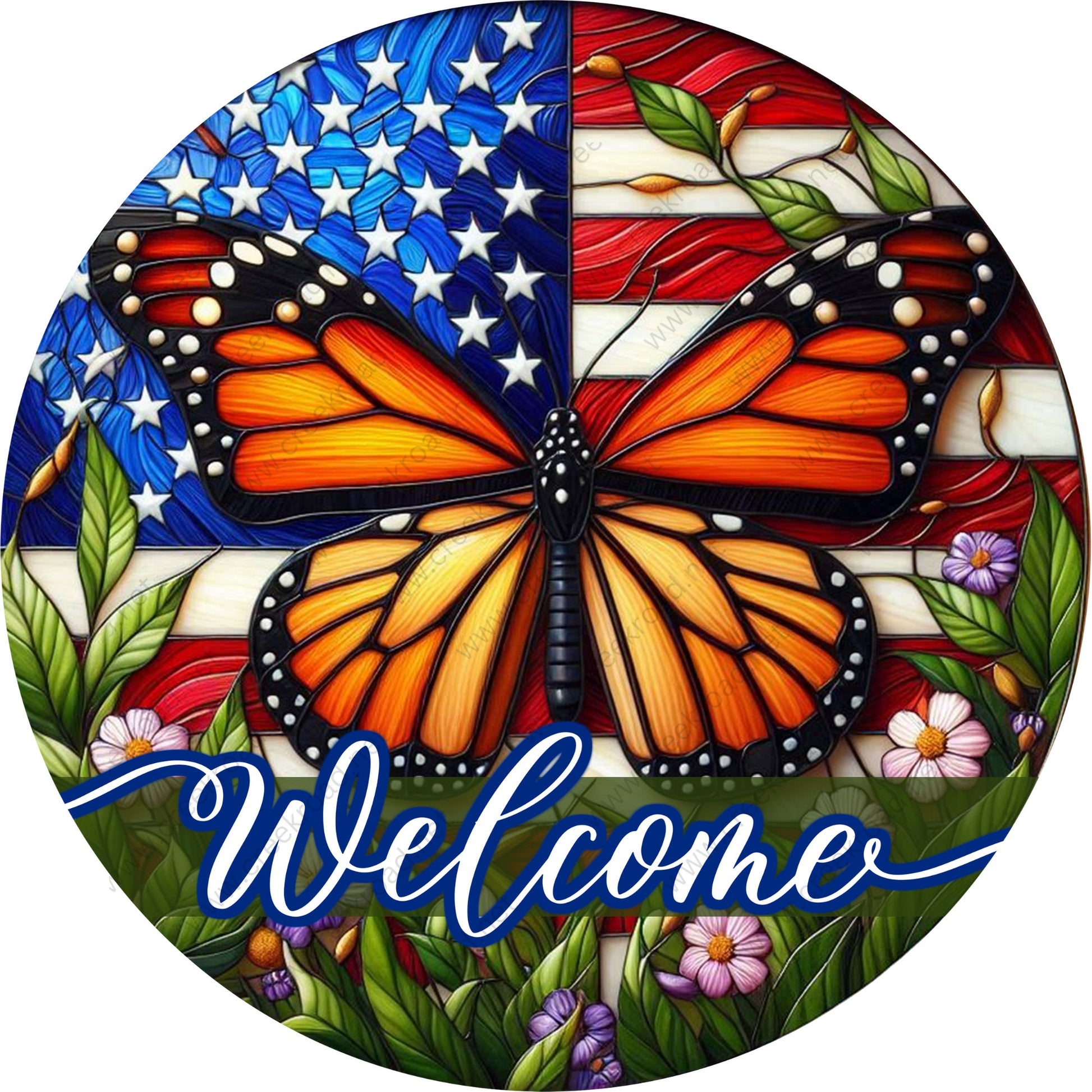 Welcome Vibrant Monarch Butterfly American Flag Wreath Sign-Round-Sublimation-Aluminum-Attachment-Decor