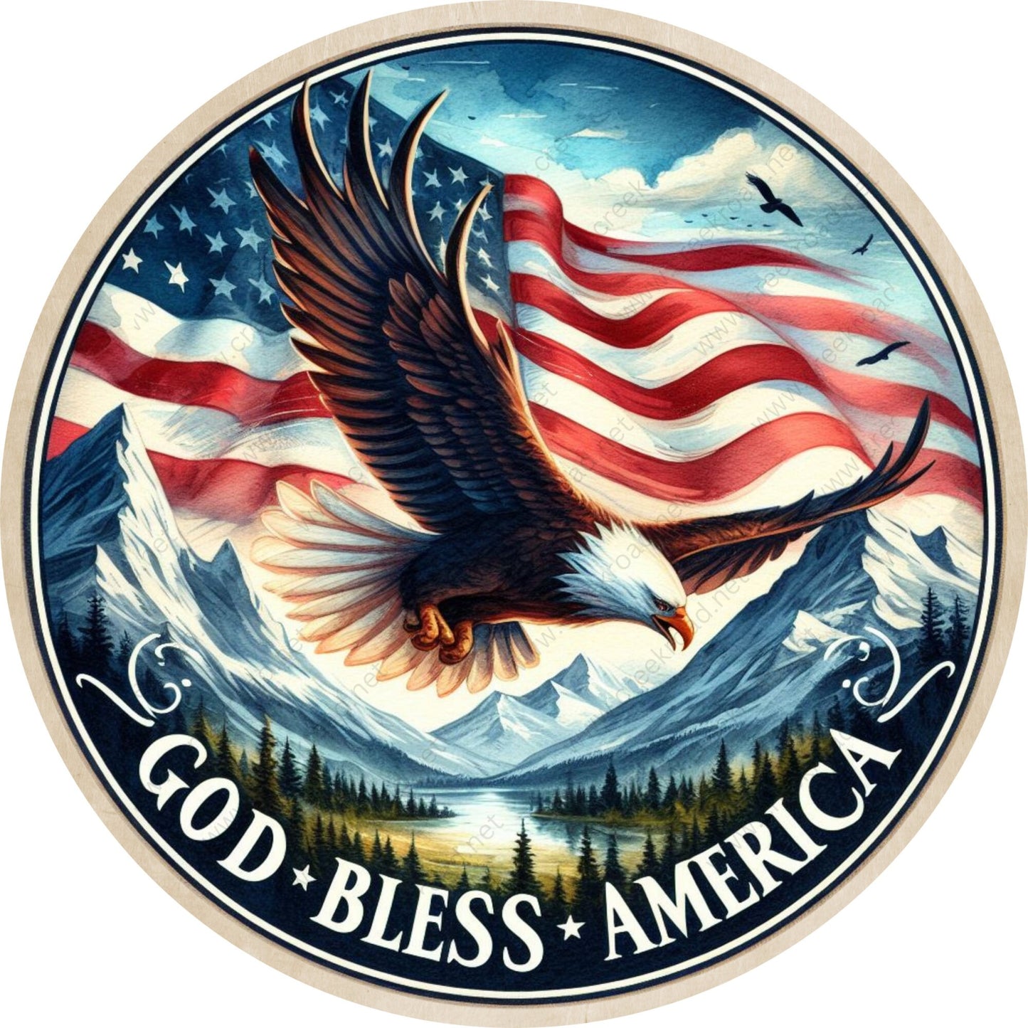 God Bless America Flying Eagle Mountains Flag Wreath Sign-Round-Sublimation-Aluminum-Attachment-Decor