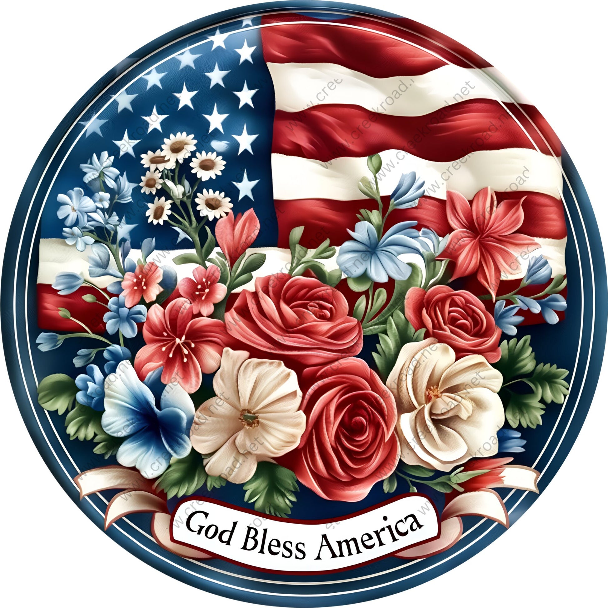 God Bless America Colorful Floral Flag Wreath Sign-Round-Sublimation-Aluminum-Attachment-Decor