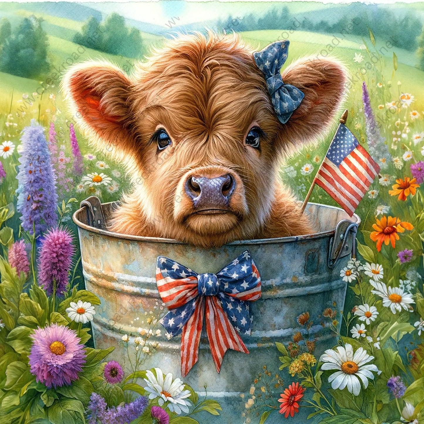 Baby Highland Cow Patriotic Bow in Washtub Wreath Sign 10" x 10" Square-Sublimation-Aluminum-Attachment-Decor