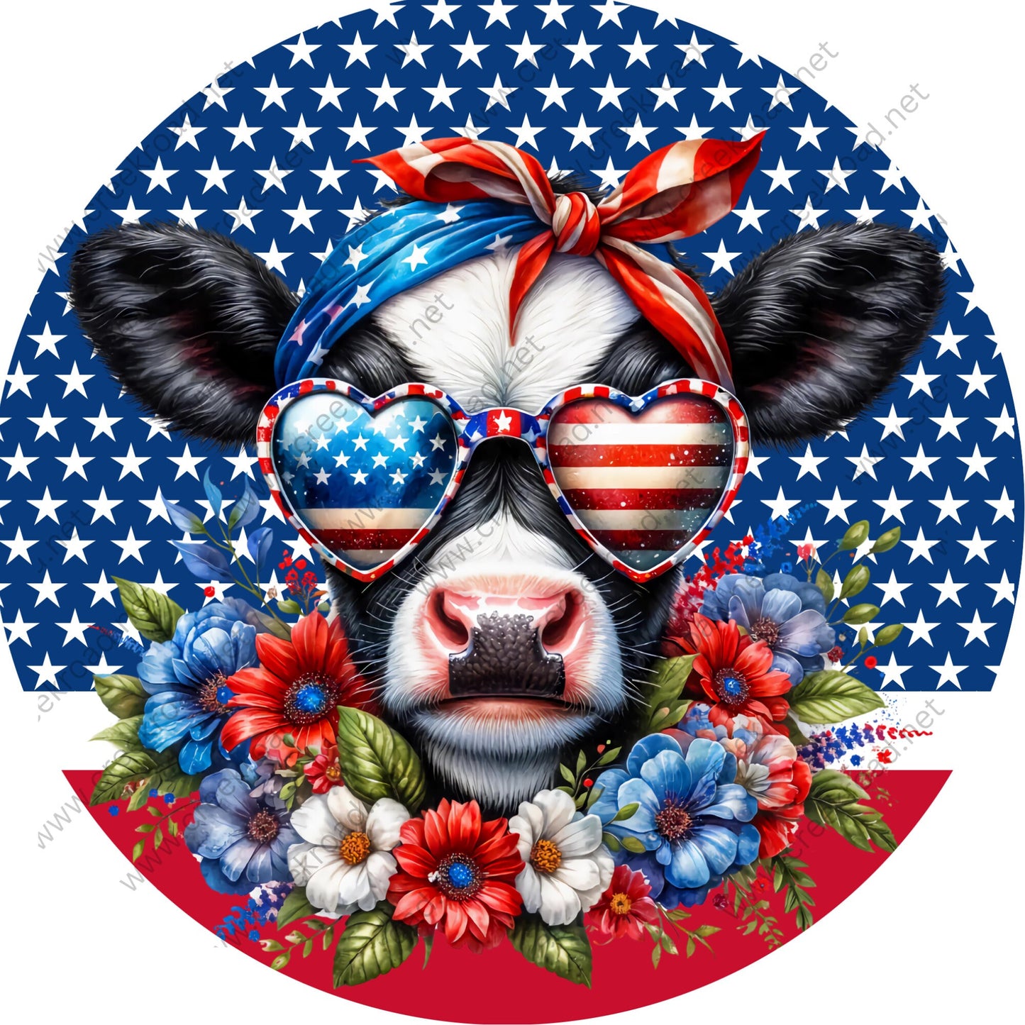 Patriotic Black White Cow Vibrant Colors Star Background Wreath Sign-Round-Sublimation-Aluminum-Attachment-Decor