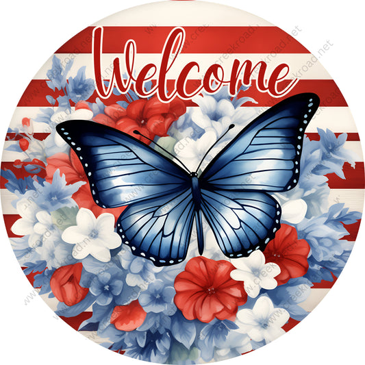 Patriotic Welcome Blue Butterfly Wreath Sign-Round-Sublimation-Aluminum-Attachment-Decor