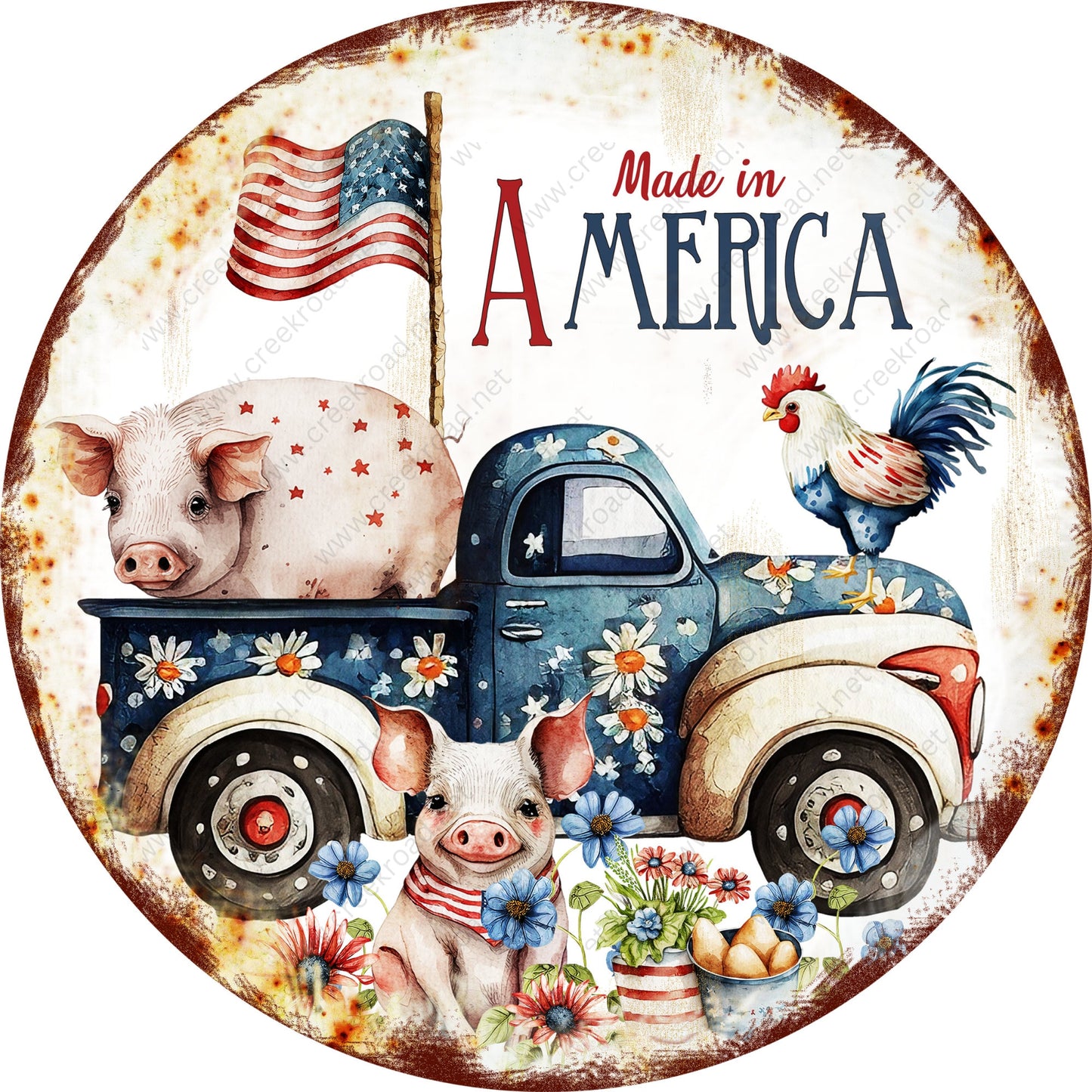 Made In America Daisy Farm Truck Pig Chicken Wreath Sign-Round-Sublimation-Aluminum-Attachment-Decor