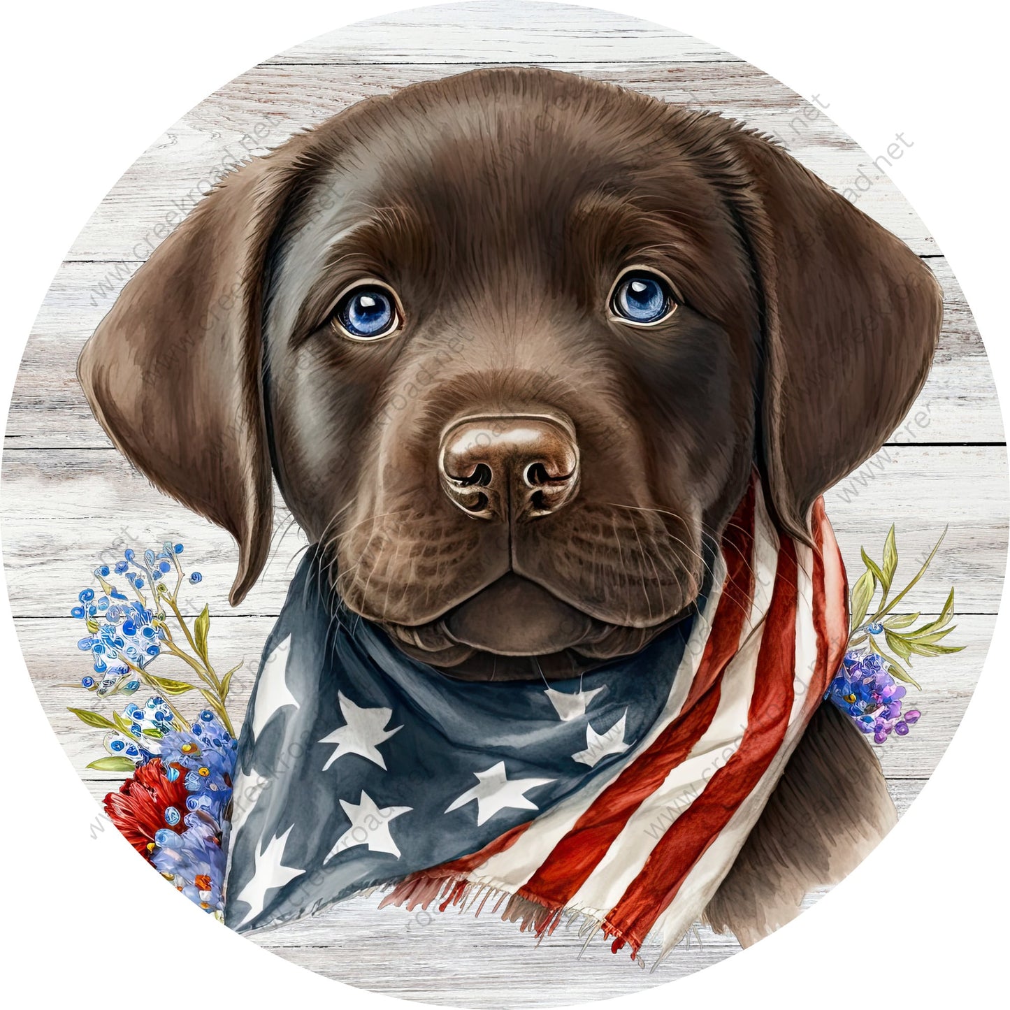 Patriotic Chocolate Lab Blue Eyes Flag Scarf Wreath Sign-Round-Sublimation-Aluminum-Attachment-Decor