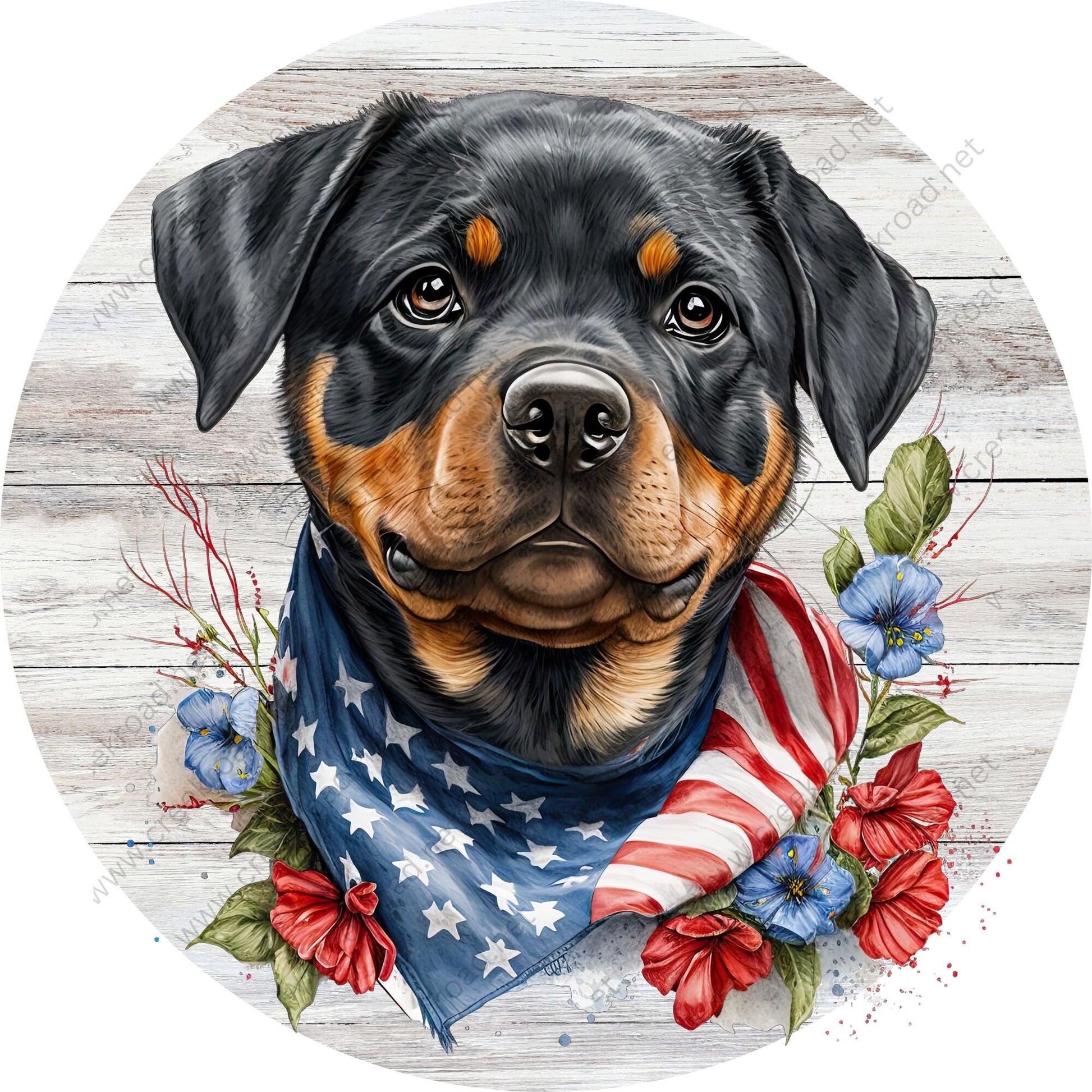 Patriotic Rottweiler Blue Eyes Flag Scarf Wreath Sign-Round-Sublimation-Aluminum-Attachment-Decor