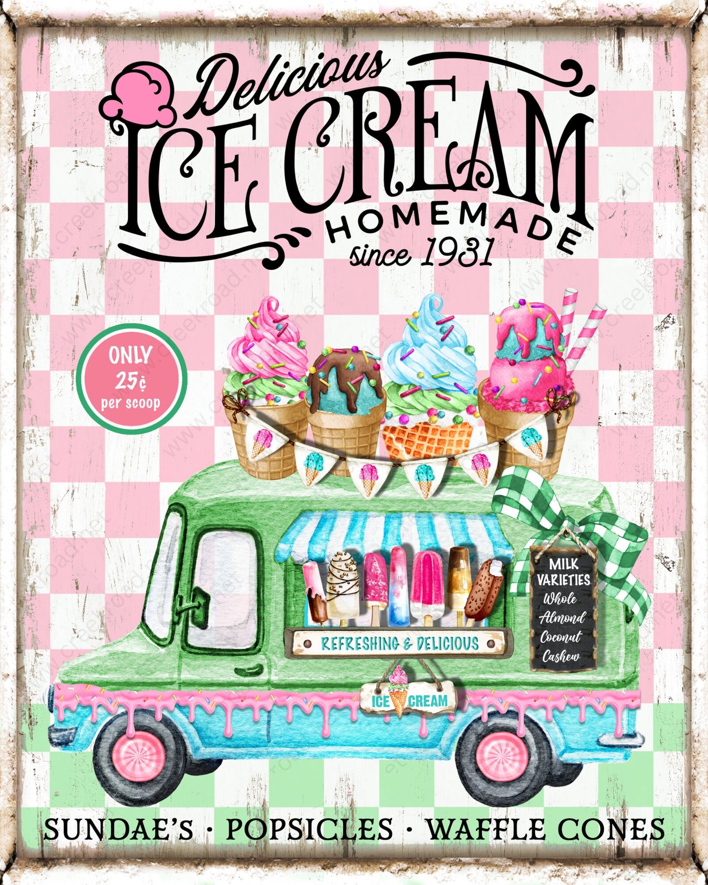 Delicious Ice Cream Truck Homemade Vintage Border Wreath Sign 8"x10"-Sublimation-Attachment-Decor-Spring