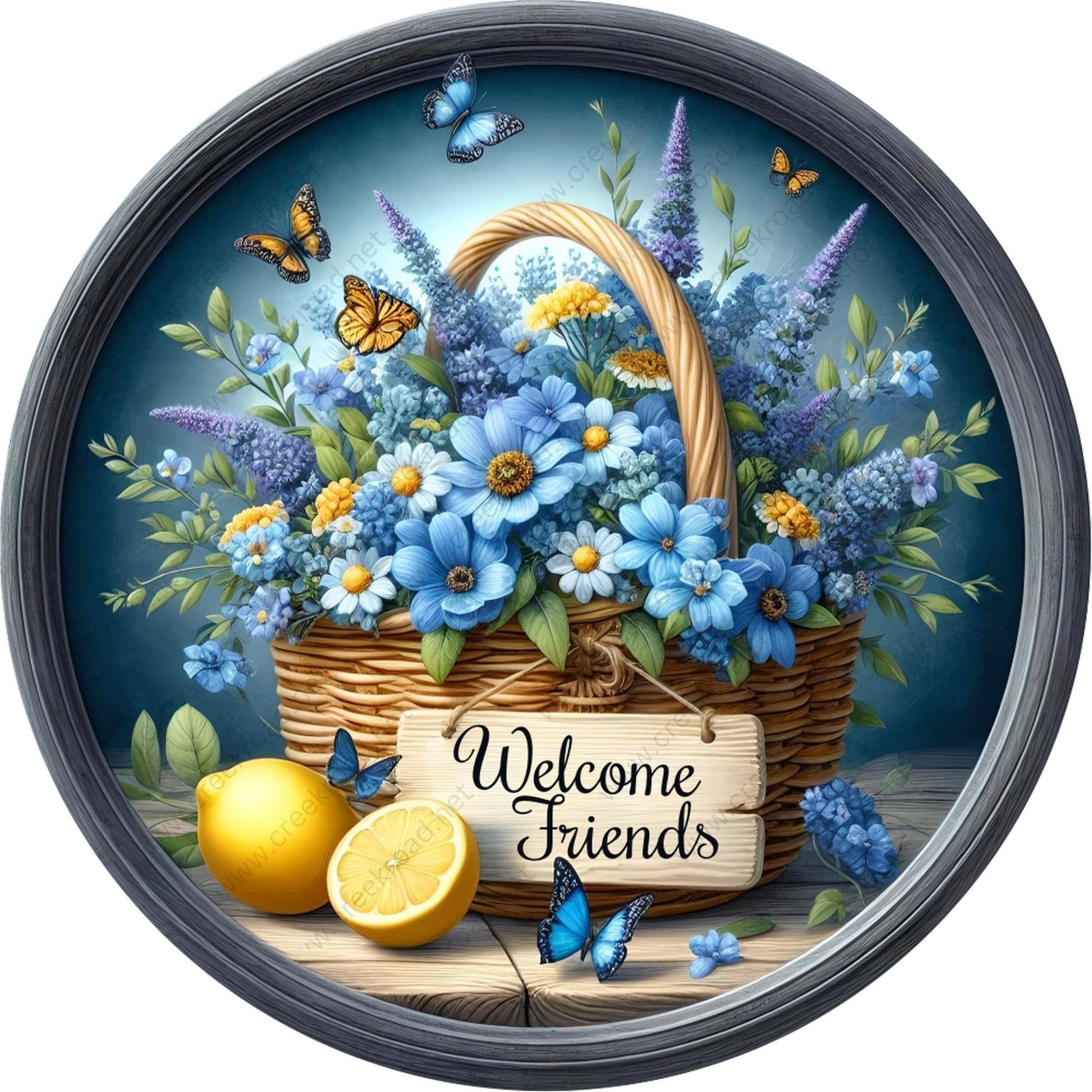 Welcome Friends Summer Lemon Blue Floral Basket Wreath Sign-Round-Sublimation-Decor-attachment