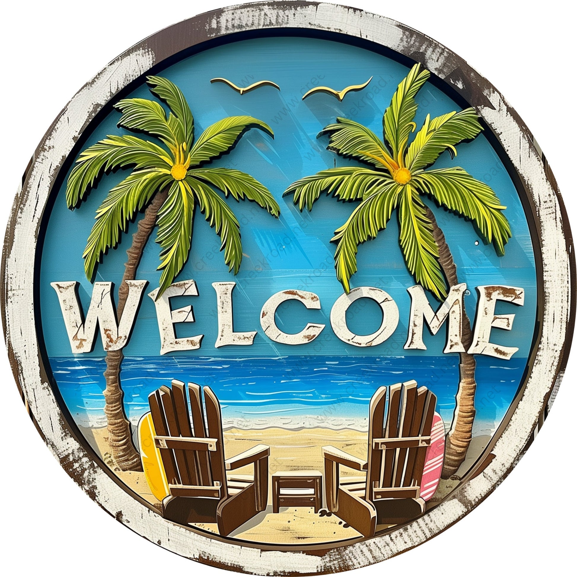 Welcome Beach Adirondack Chairs Under Palm Trees Wreath Sign-Round-Coastal-Sublimation-Attachment-Decor