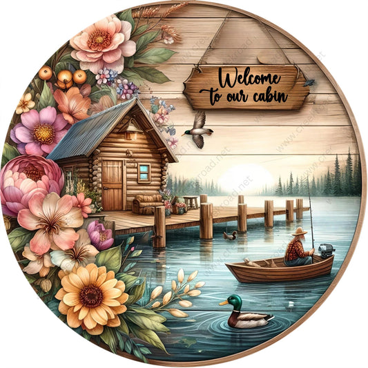 Welcome To Our Cabin Wreath Sign-Round-Coastal-Sublimation-Attachment-Decor