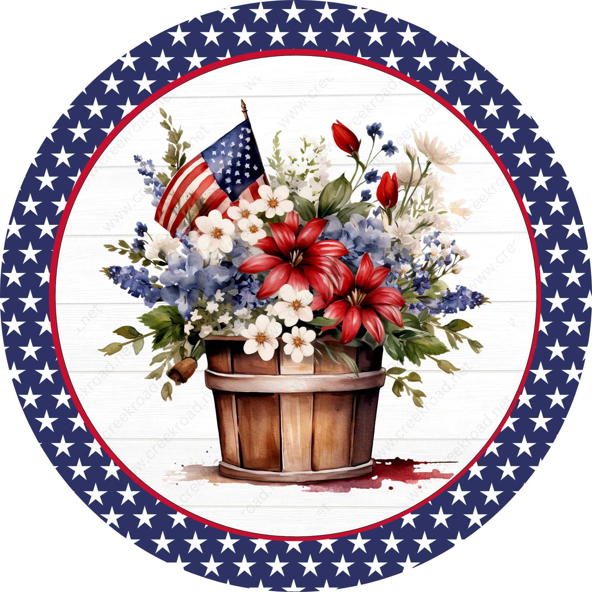 Patriotic Flower Bucket American Flag on Shiplap Background Star Border Wreath Sign-Round-Sublimation-Aluminum-Attachment-Decor