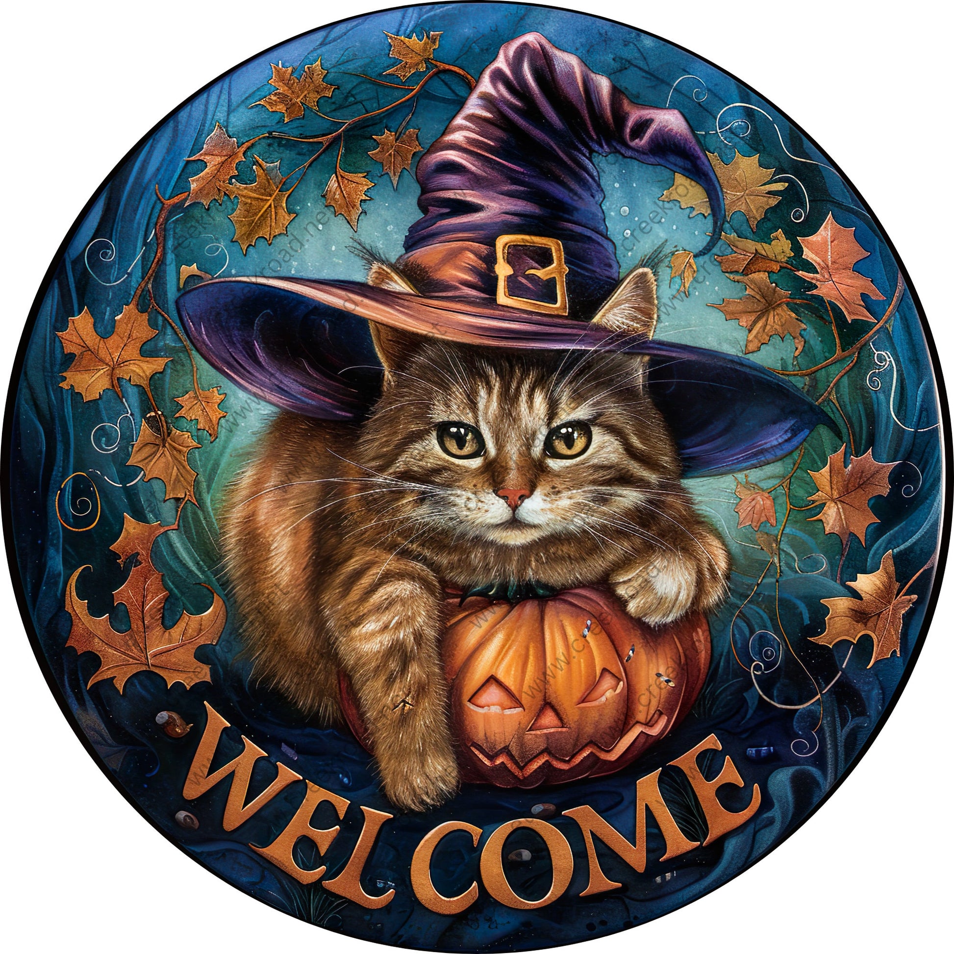 Welcome Cat Purple Witches Hat Wreath Sign-Halloween-Sublimation-Decor-Creek Road Designs