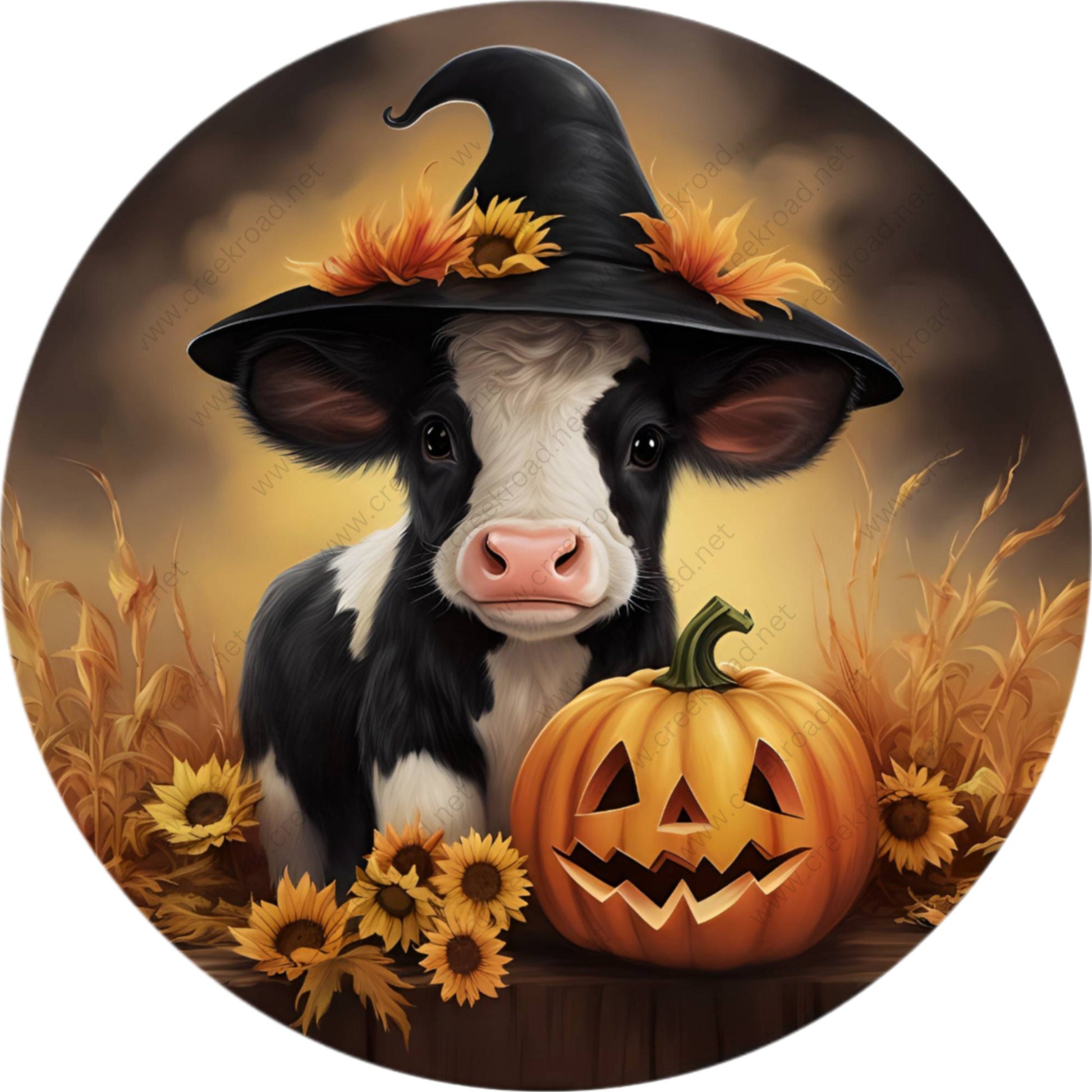 Farm Cow Witch Hat Jack-o-lantern Wreath Sign-Halloween-Sublimation-Decor-Creek Road Designs