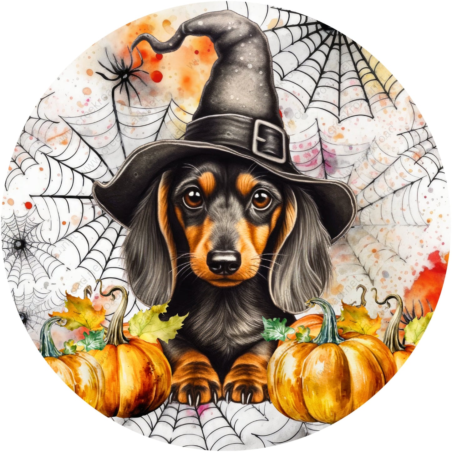 Dachshund in Witches Hat Pumpkins Spider Webs Wreath Sign-Halloween-Sublimation-Decor-Creek Road Designs