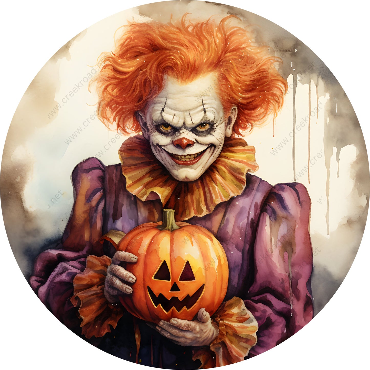 Scary Clown With Jack-o-lantern Wreath Sign-Halloween-Sublimation-Decor-Creek Road Designs