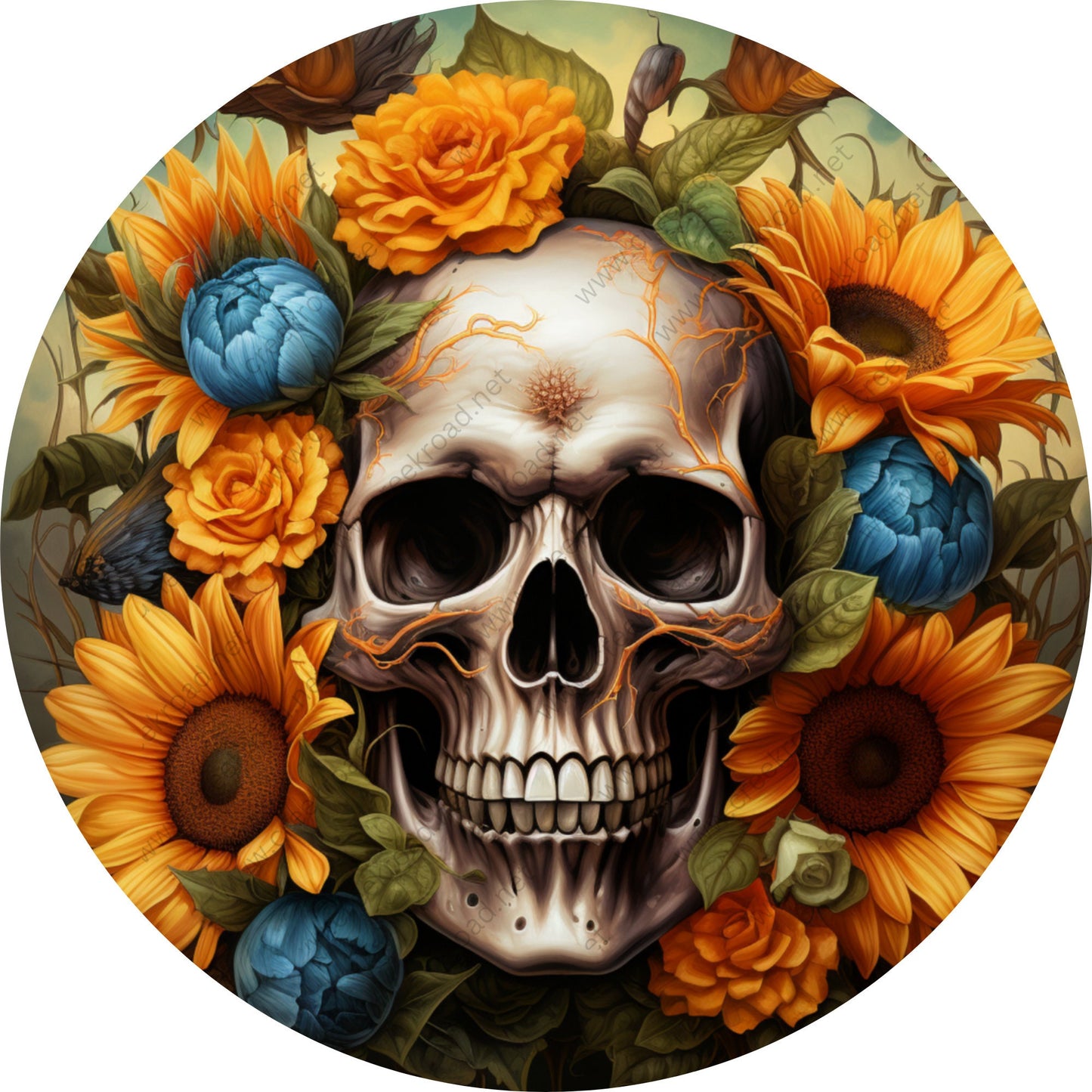 Skull with Sunflowers Blue Florals Wreath Sign-Halloween-Sublimation-Decor-Creek Road Designs