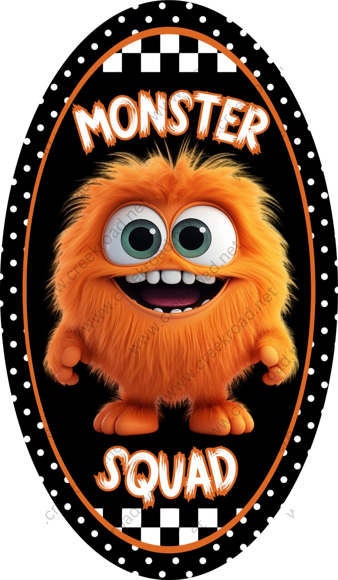 Monster Squad Orange Furry Monster Wreath Sign-7"x12" Oval Halloween-Sublimation-Decor-Creek Road Designs