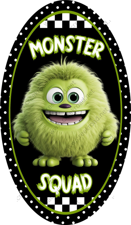 Monster Squad Green Furry Monster Wreath Sign-7"x12" Oval Halloween-Sublimation-Decor-Creek Road Designs