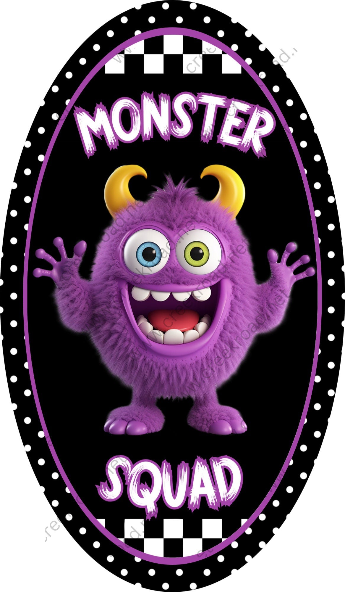 Monster Squad Purple Furry Monster Wreath Sign-7"x12" Oval Halloween-Sublimation-Decor-Creek Road Designs