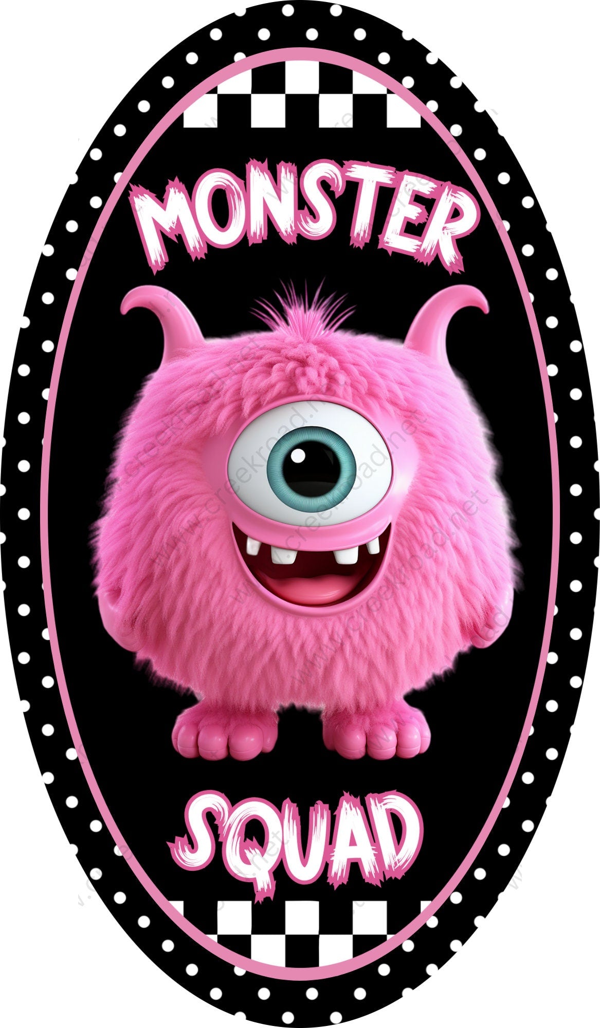 Monster Squad Pink One Eyed Furry Monster Wreath Sign-7"x12" Oval Halloween-Sublimation-Decor-Creek Road Designs