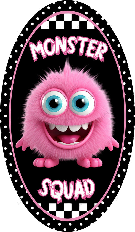 Monster Squad Pink Furry Monster Wreath Sign-7"x12" Oval Halloween-Sublimation-Decor-Creek Road Designs