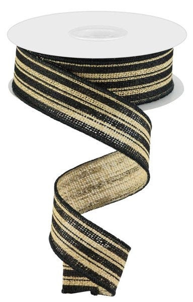 1.5" X 10Yd Wired Ribbon-Vertical Stripe/Faux Burlap Ribbon-RGC147518-Natural/Black-Wreaths-Crafts