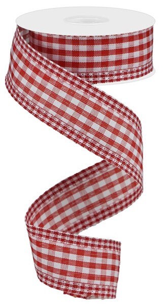 1.5" X 10Yd Wired Ribbon-Gingham Check/Edge Ribbon-RGA1715W7-Red/White-Wreaths-Crafts