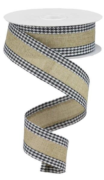 1.5" X 10Yd Wired Ribbon-Royal Burlap Gingham Edge Ribbon-RGA1098X4-Lt Beige/Black/White-Wreaths-Crafts